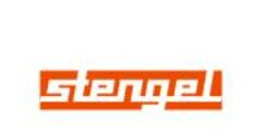 Logo Stengel blanc sur un rectangle orange vif.